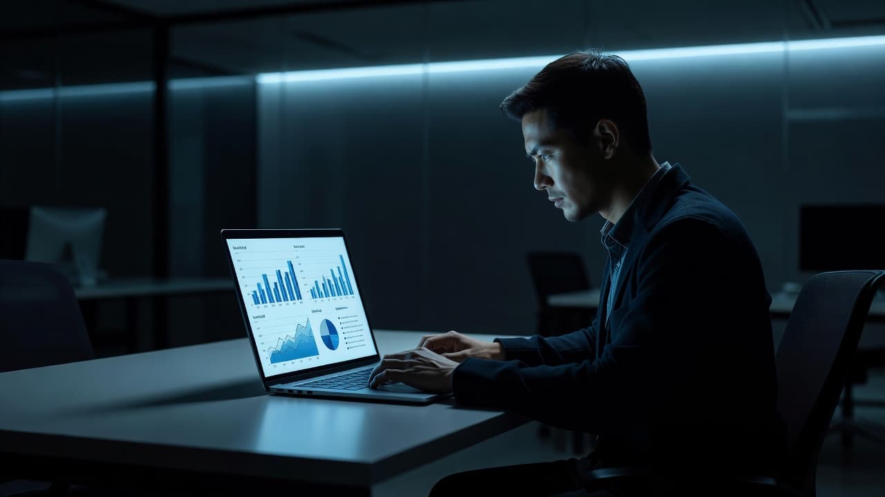 A person sits at a desk bathed in cool blue ambient light, focusing intently on a laptop screen filled with complex data charts. The darkened office provides a focused, cinematic atmosphere.