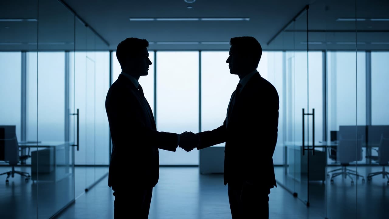 Two individuals stand in a high-contrast office setting, their silhouettes locked in a firm handshake. The scene is bathed in cool blue lighting, emphasizing a clean and modern professional partnership.