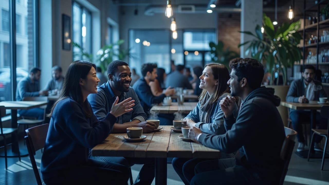 A small group of colleagues engages in an animated conversation around a round wooden table inside a cozy coffee shop. Soft ambient lighting creates a warm and inviting atmosphere for networking.