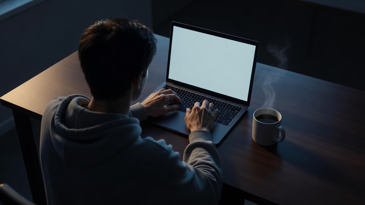 A person types on a laptop while a ceramic mug sits on the desk. Cool blue shadows bathe the minimalist workspace, highlighting a sharp contrast against the warm glow of the screen.