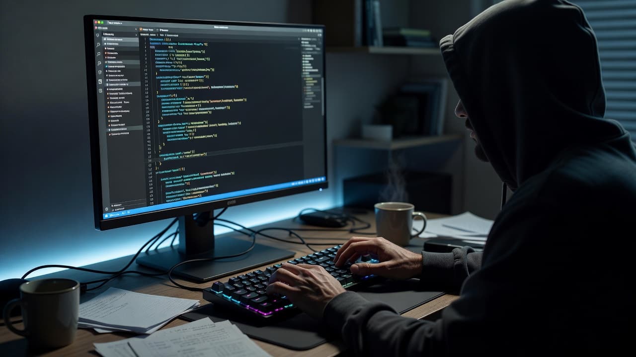 A focused developer types on a mechanical keyboard at a modern desk. A glowing monitor displays lines of web code while soft blue ambient light fills the dark, cinematic office space.