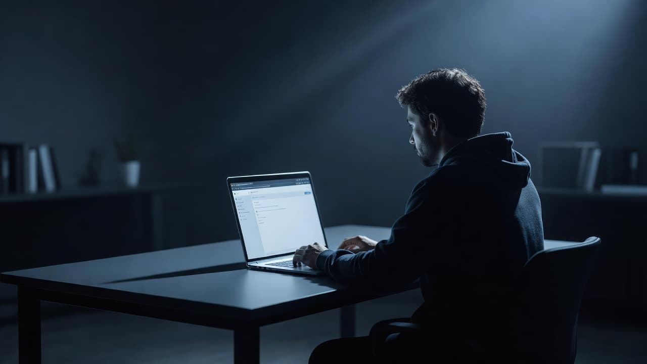 A person types on a laptop illuminated by moody blue light, highlighting their focus on creating content. The blurred office background keeps the emphasis strictly on the digital communication process.