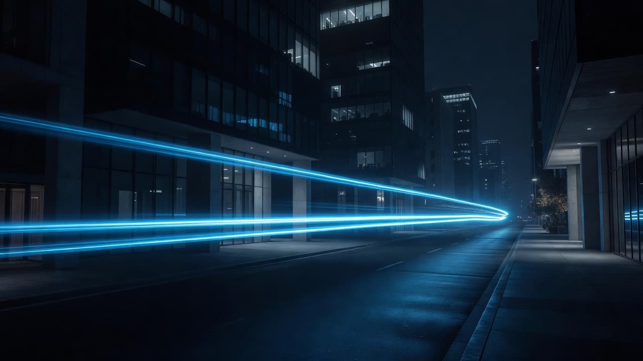 A brilliant streak of vibrant blue light carves a sharp path across a dim, contemporary metropolitan setting. The long exposure effect emphasizes rapid velocity through the quiet, shadow-filled urban architecture.