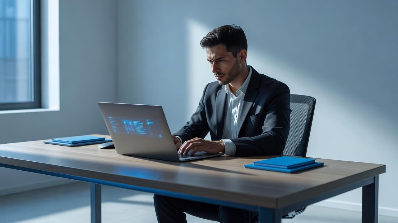 A professional works on a sleek laptop at a minimalist desk bathed in natural light. Deep shadows create contrast while soft blue accents highlight the organized and modern office atmosphere.