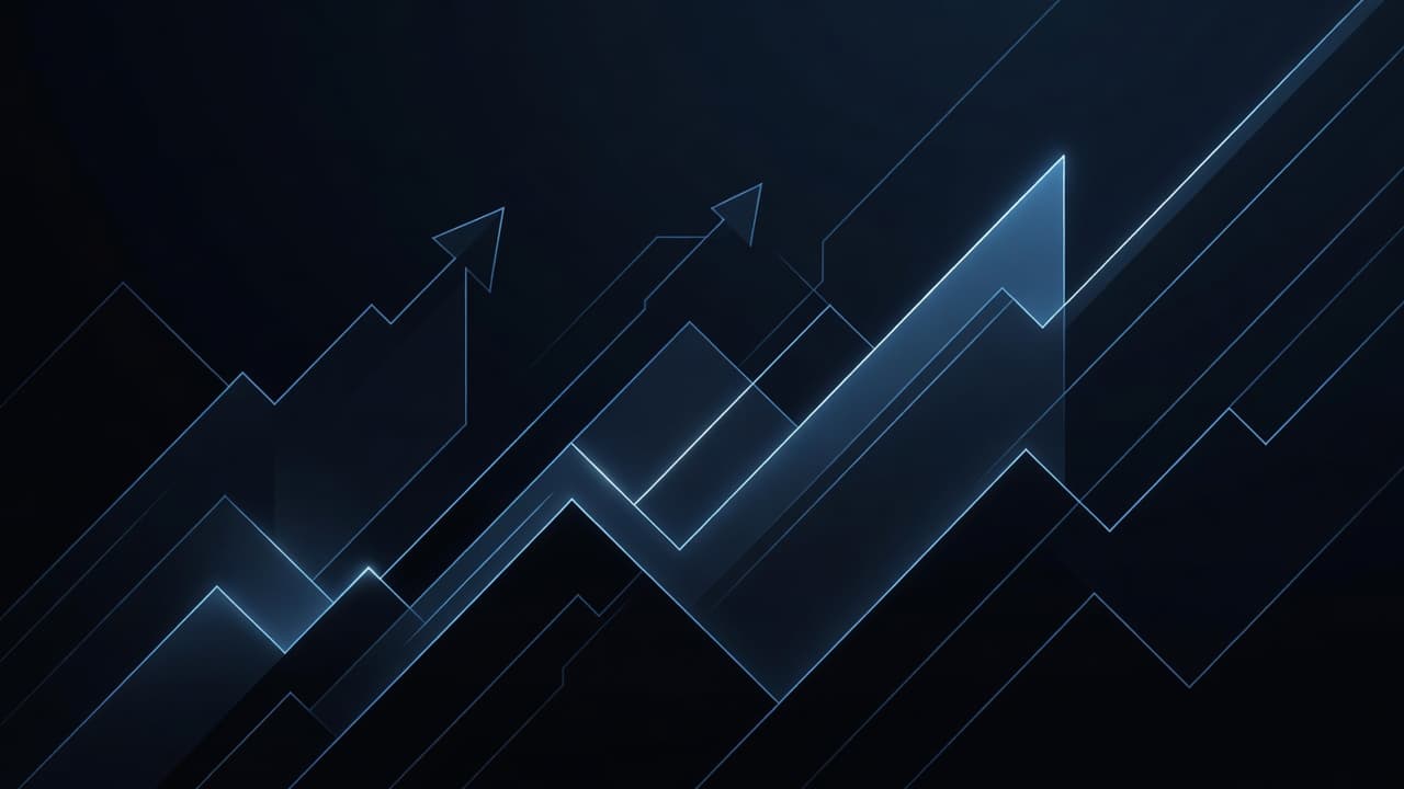 Clean lines ascend in a rhythmic pattern, glowing with a soft cool blue hue against a dark background. These sharp geometric shapes symbolize vertical progress and upward data trends for software.