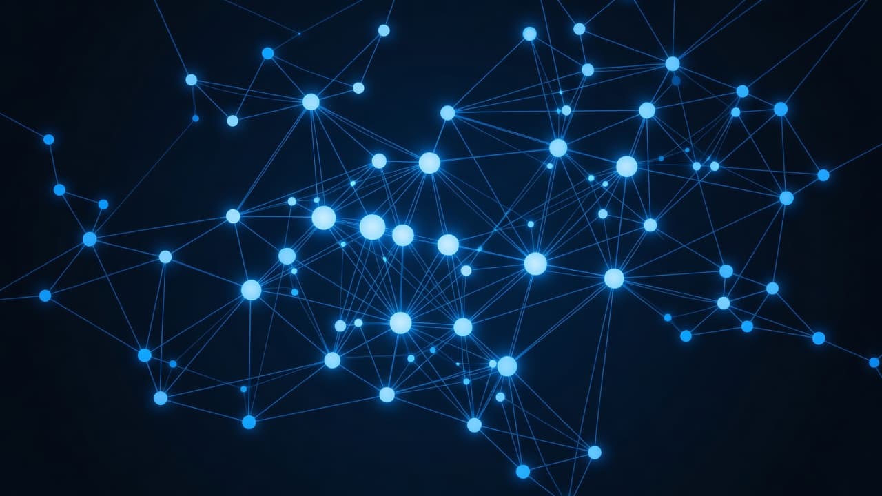 A complex web of luminous blue nodes and thin connecting filaments floats against a dark abyss. These intricate geometric pathways visualize a digital architecture with high-contrast sky-blue accent lighting throughout.