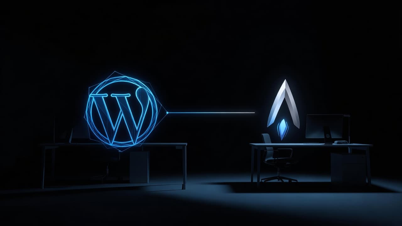 An abstract blue WordPress logo crafted from luminous lines sits opposite a sleek modern Astro rocket icon. A glowing data stream connects these two symbols against a dark professional environment.