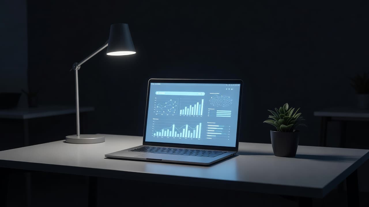 A sleek modern desk holds a laptop screen displaying a luminous digital interface with glowing search elements. Soft cool blue ambient light highlights the workspace, creating a professional and focused atmosphere.