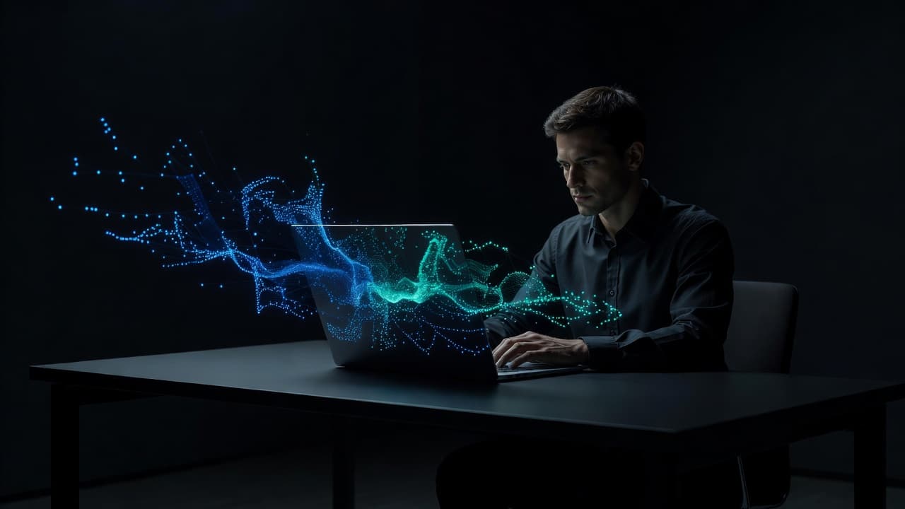 A silhouette of a person sits at a sleek desk, intently watching a laptop display. The screen projects vibrant blue and teal glowing data points into the otherwise dim office room.