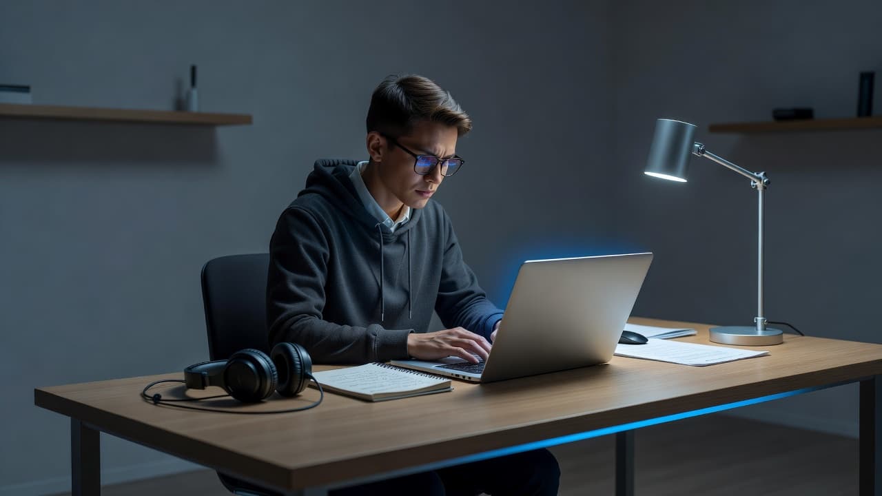 A person sits at a sleek desk focused on an open laptop screen. Dramatic cool blue light highlights the modern furniture while sharp shadows define the quiet creative workspace environment.