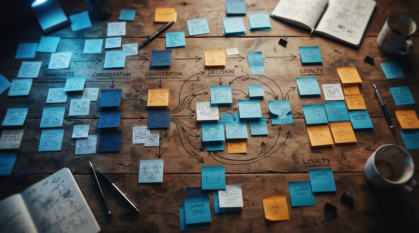 Overhead view of a wooden desk with colorful sticky notes mapped out under blue lighting.