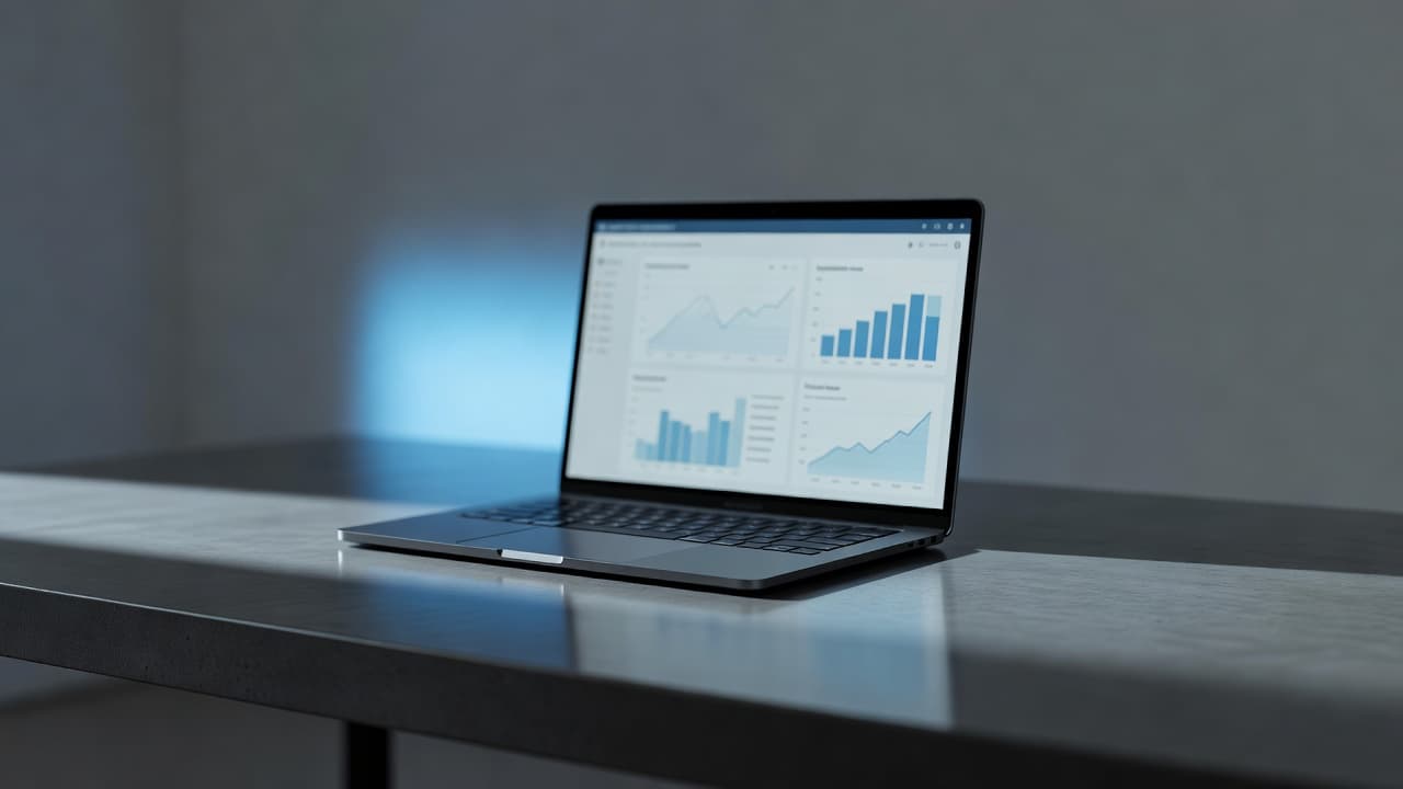 A sleek silver laptop rests on a dark desk surface, displaying blurred product screenshots of a colorful analytics dashboard. Soft blue ambient light illuminates the professional setting, highlighting a shallow depth of field focus.