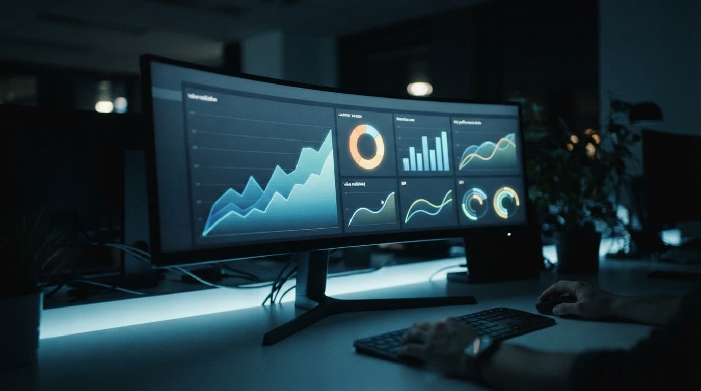 A glowing software dashboard displays analytics and charts in a dark room.