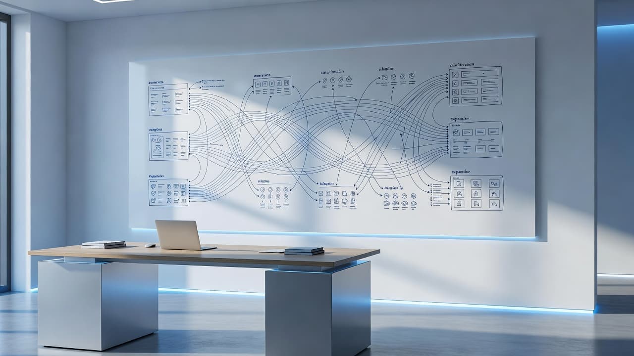 A sleek white board stands in a dim room, displaying glowing interconnected diagrams that track complex user workflows. Cool blue ambient lighting reflects off the minimalist surfaces of the quiet office.