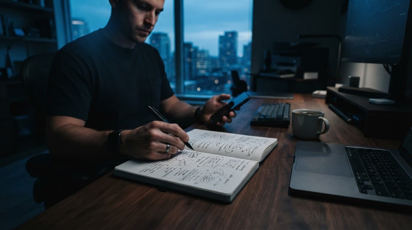 A minimalist desk with an open notebook of interview notes under blue accent lighting.