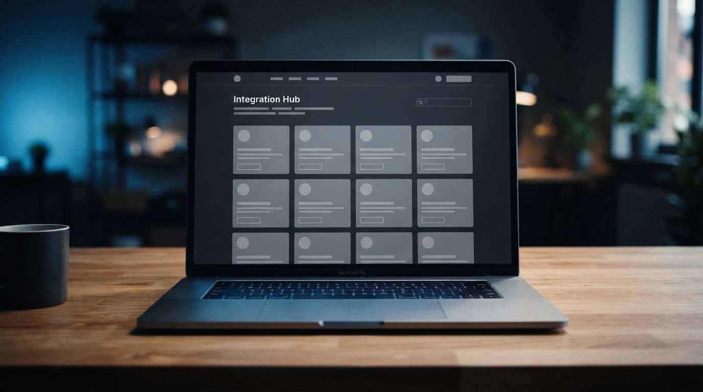 A wireframe UI layout on a computer screen glowing with blue light on a wooden desk.