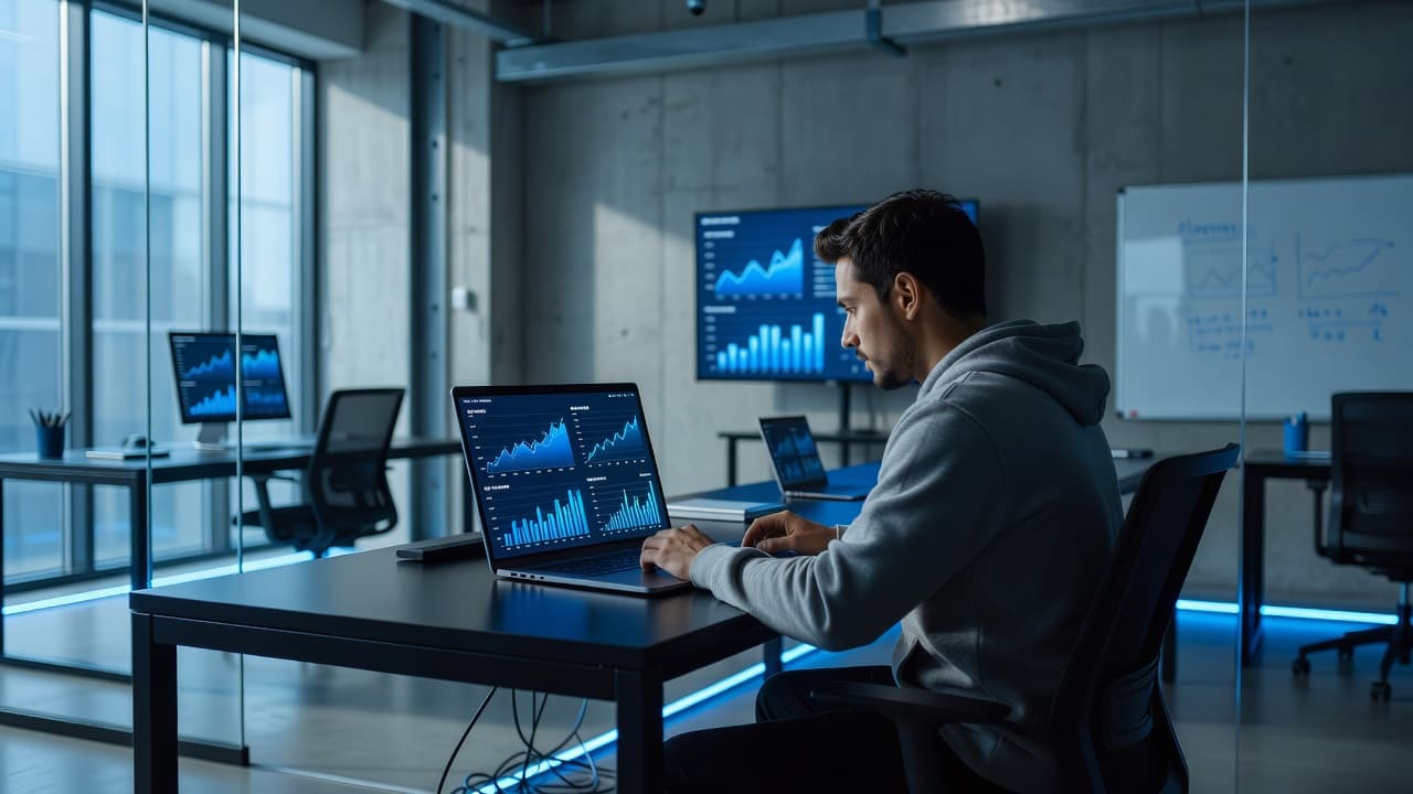 A professional analyzing data charts on a laptop in a dimly lit modern office.