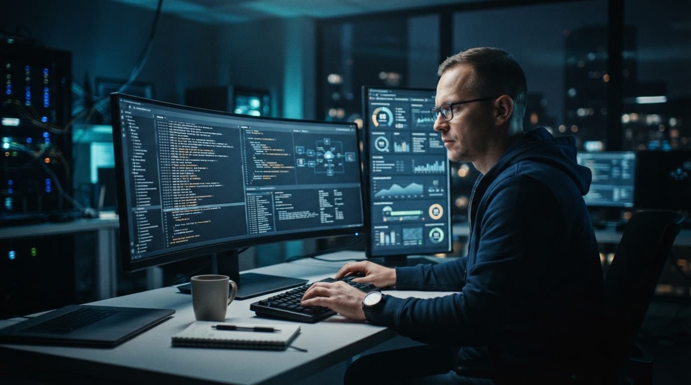 Security architect reviewing cloud logs at a blue-lit workstation.