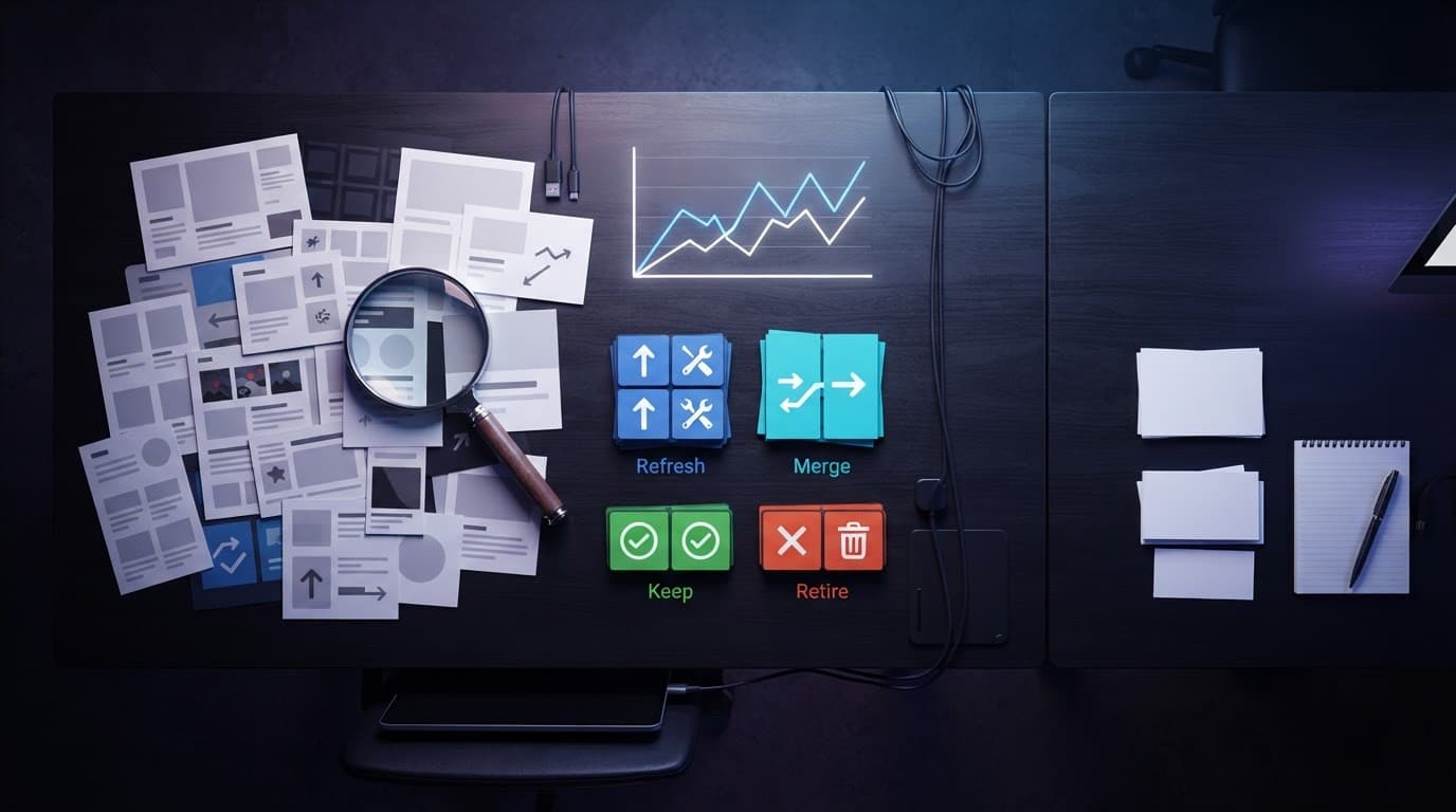 Overhead desk showing content pages, a magnifying glass, traffic graph, and review groups.