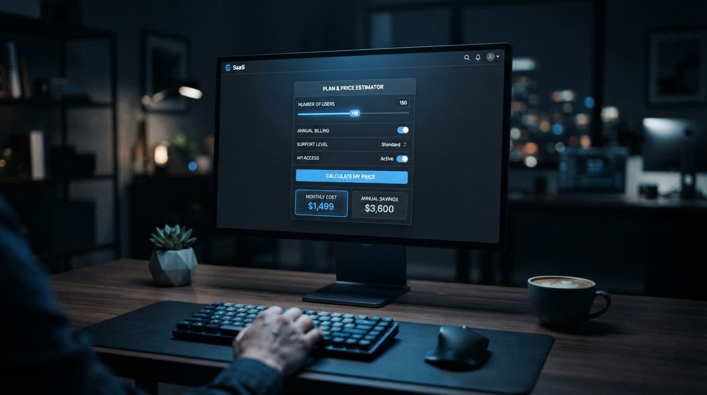 Laptop showing a dark pricing calculator beside coffee and a small succulent.
