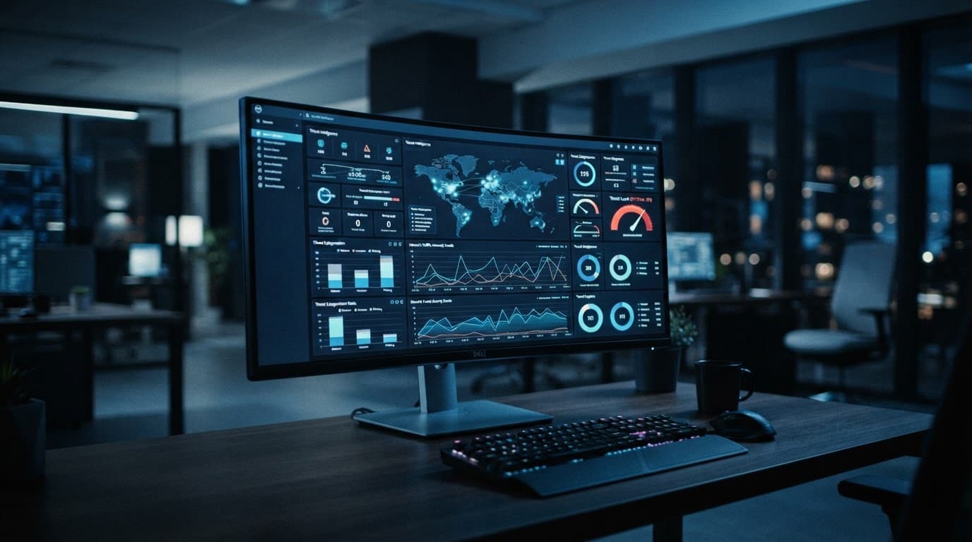 A monitor showing an enterprise security dashboard in a modern blue-lit office.