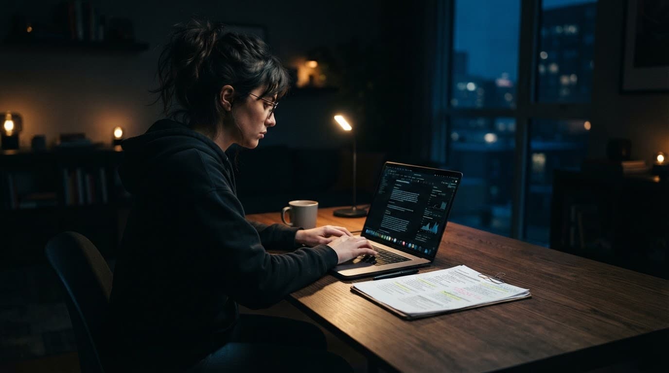 A freelance writer works at a minimalist desk with a laptop and printed brief.