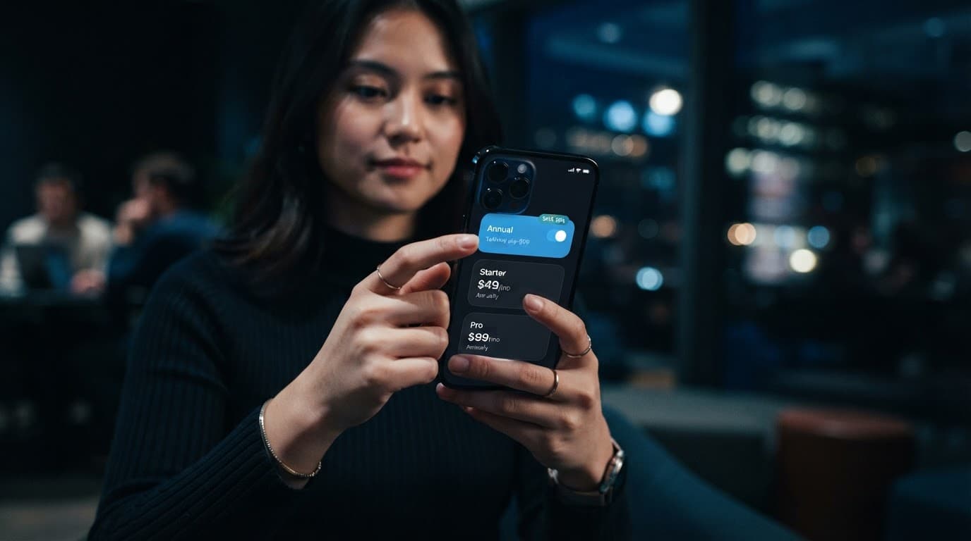 A person holds a smartphone showing monthly and annual billing options.