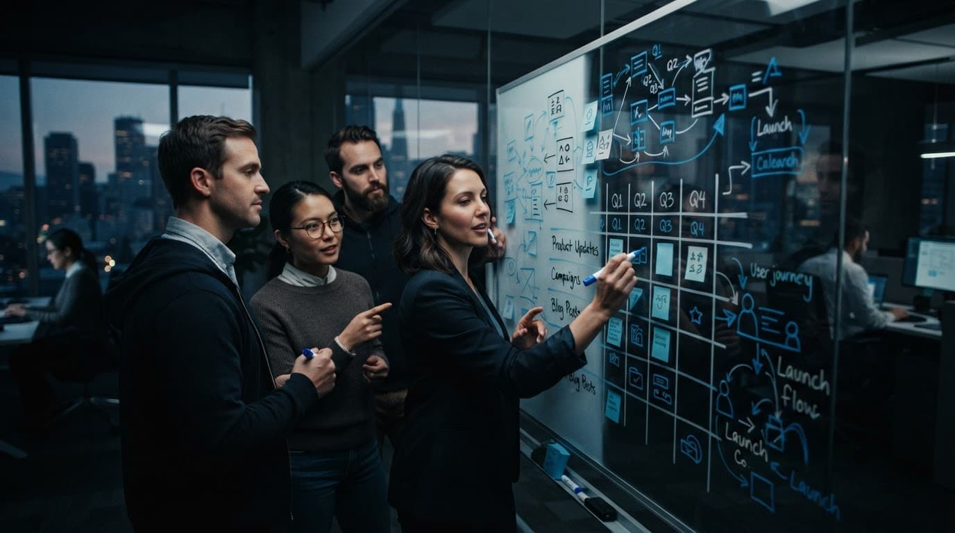 A SaaS marketing team plans a content calendar on a whiteboard.