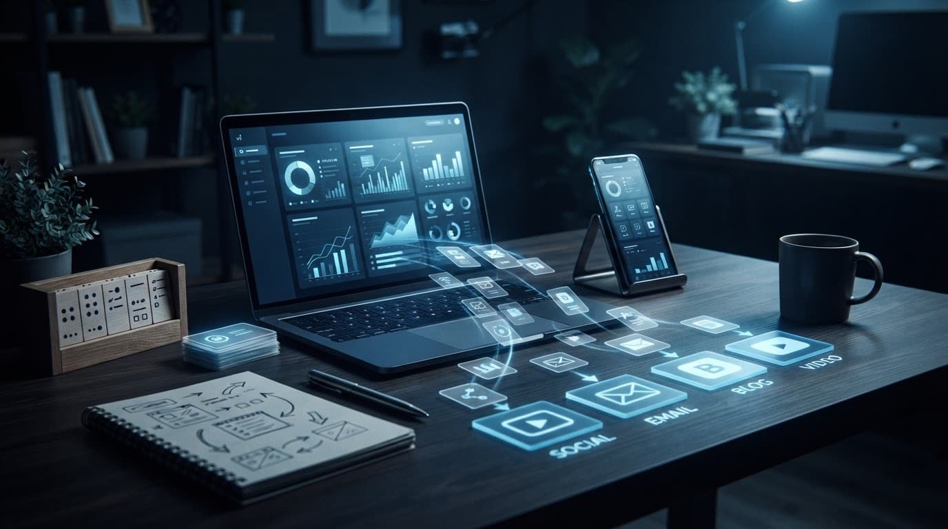 Laptop and smartphone with content cards flowing across a dark planning desk.