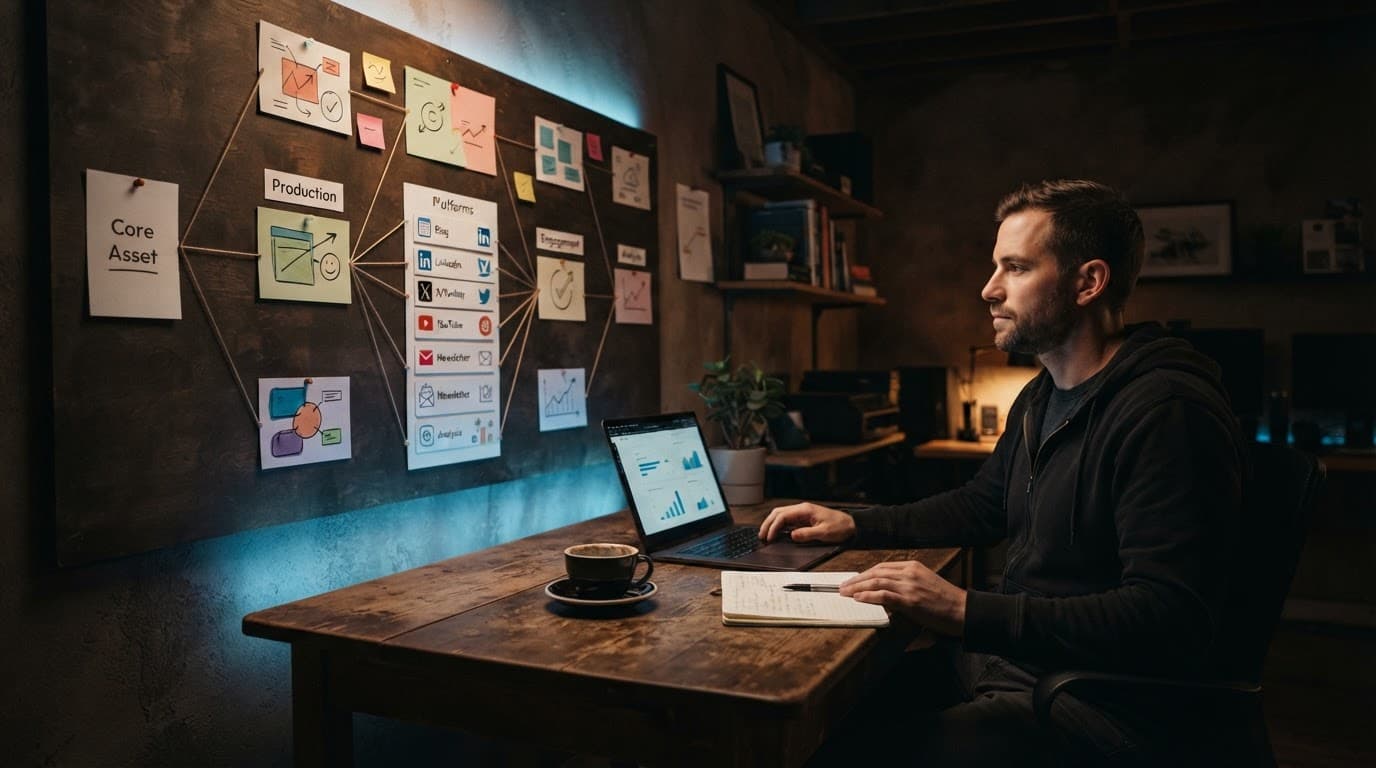 A SaaS founder plans content distribution beside a laptop and connected cards.