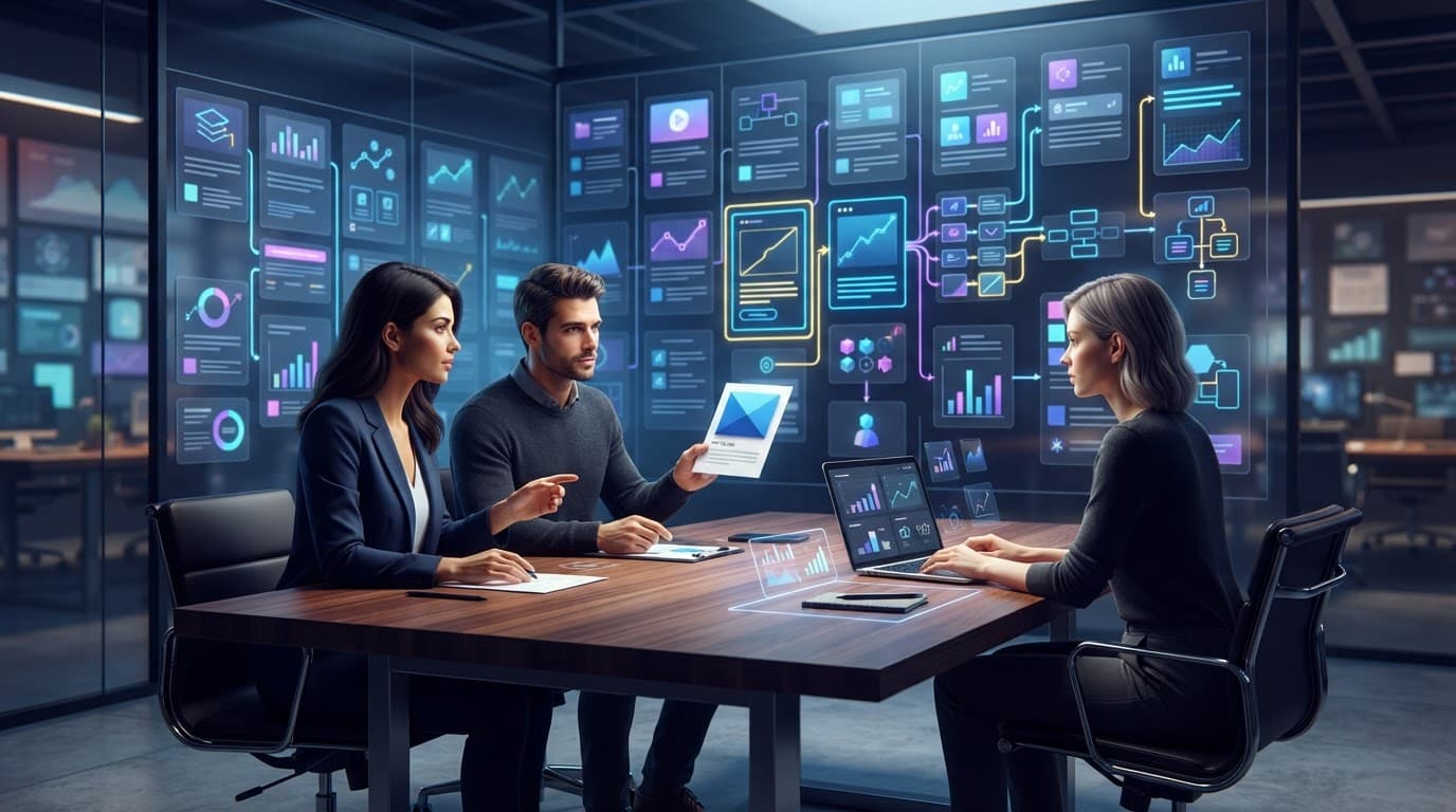 Three marketers review content cards and analytics around a table.