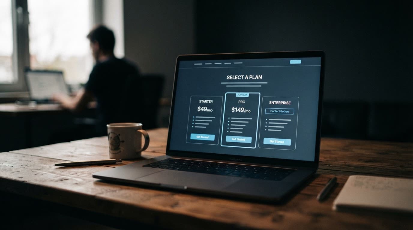 Laptop showing a blue-accented SaaS pricing wireframe on a wooden desk.