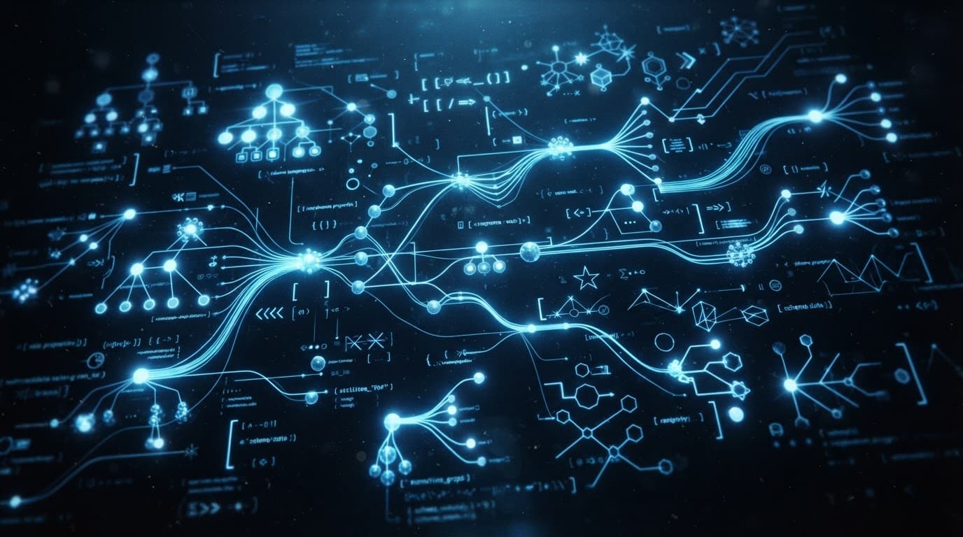 Blue data patterns and connected nodes glow on a dark screen.