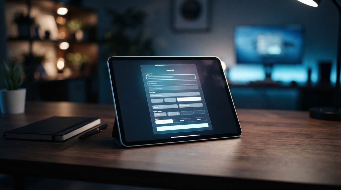 A tablet showing a multi-step lead form on a minimalist desk with a notebook.